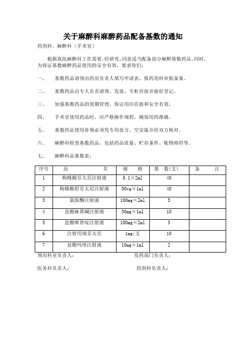 关于麻醉科麻醉药品配备基数的通知