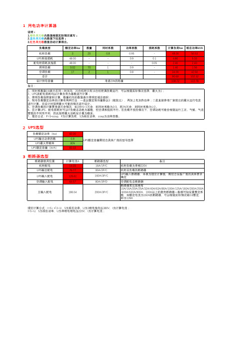 机房配电系统容量计算、UPS选型、断路器选型自动计算表