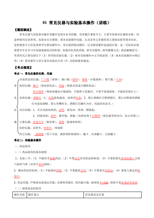 2020人教版中考化学实验题突破01 常见仪器与实验基本操作讲练(含答案解析)