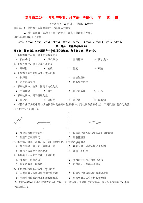 江苏省泰州市2020年中考化学真题试卷