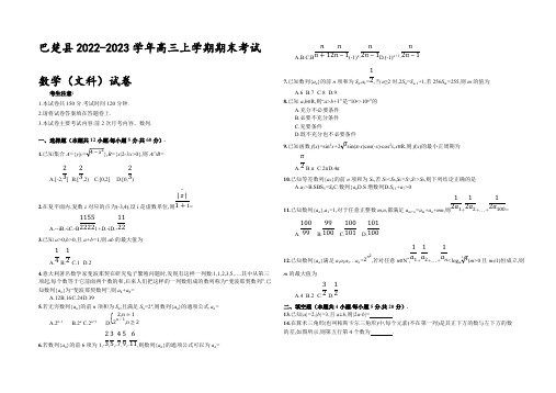 2022-2023学年新疆喀什地区巴楚县高三年级上册学期期末考试数学(文科)试卷【含答案】