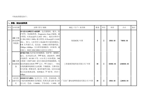 中标标的情况如下一、货物、设备及材料类