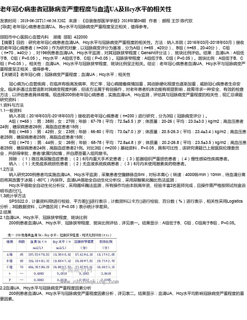 老年冠心病患者冠脉病变严重程度与血清UA及Hcy水平的相关性