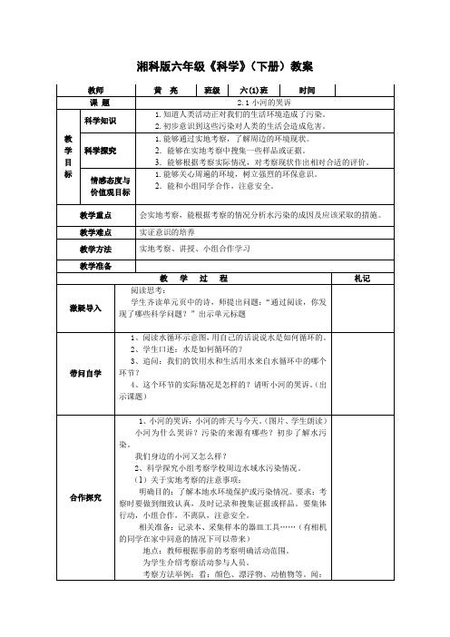 六年级下册科学教案-2.1 小河的哭诉 ｜湘科版(一起)