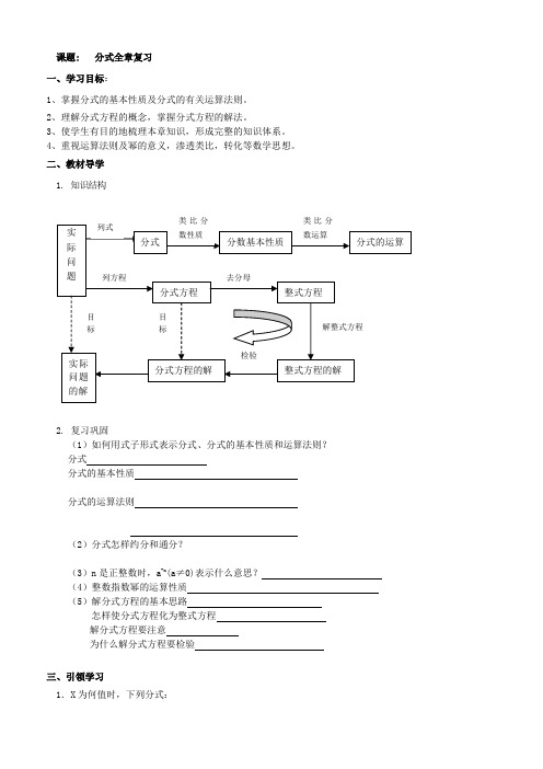 人教版八年级上册数学学案：第十五章分式全章复习