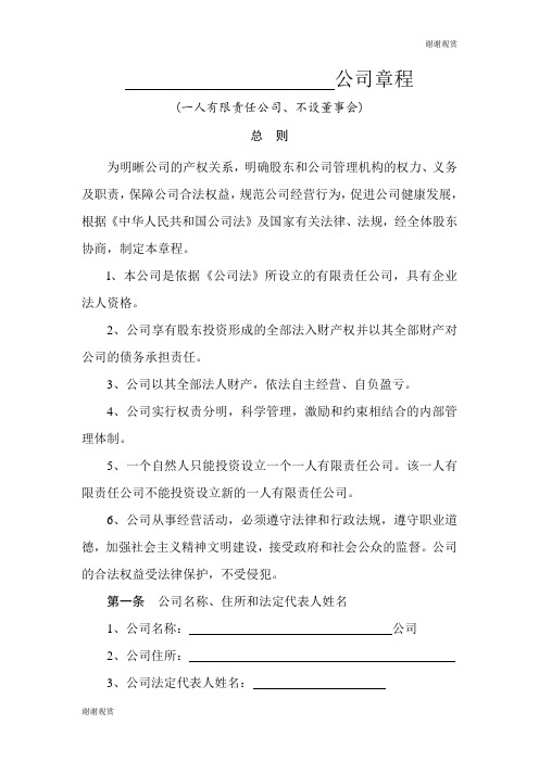 xx公司章程(一人有限责任公司、不设董事会).doc