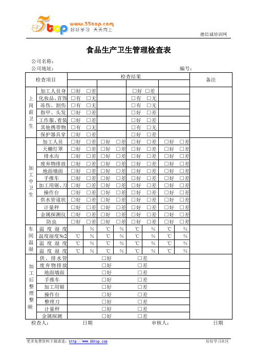 食品生产卫生管理检查表