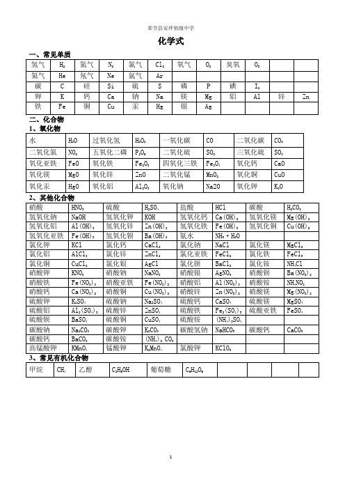 九年级常见物质化学式和化学方程式