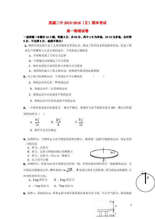 甘肃省武威第二中学2015_2016学年高一物理下学期期末考试试题(无答案)