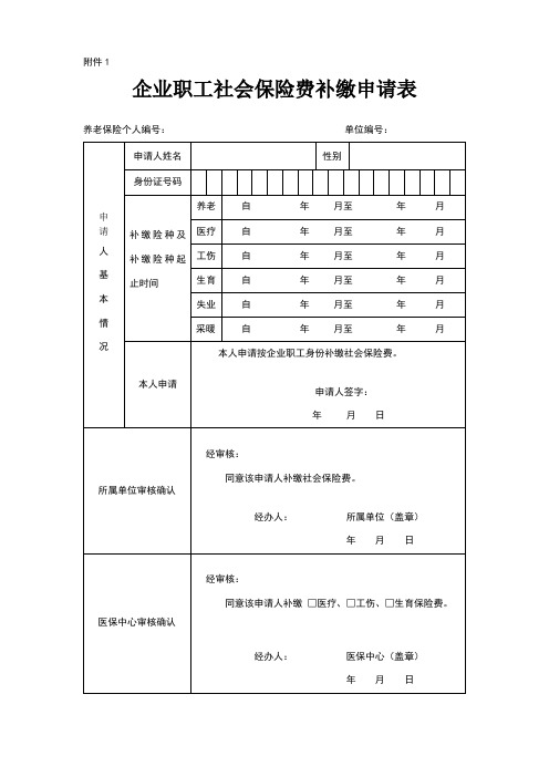 企业职工社会保险费补缴申请表