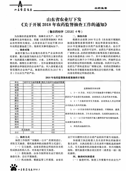 山东省农业厅下发《关于开展2018年农药监督抽查工作的通知》(鲁农药检字[2018]4号)