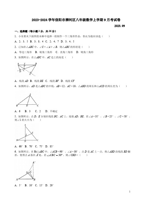 2023-2024学年信阳市浉河区八年级数学上学期9月考试卷附答案解析