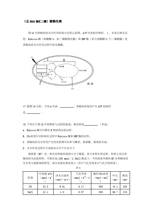 2021年上海生命科学等级考二模分类汇编综合题：光合作用