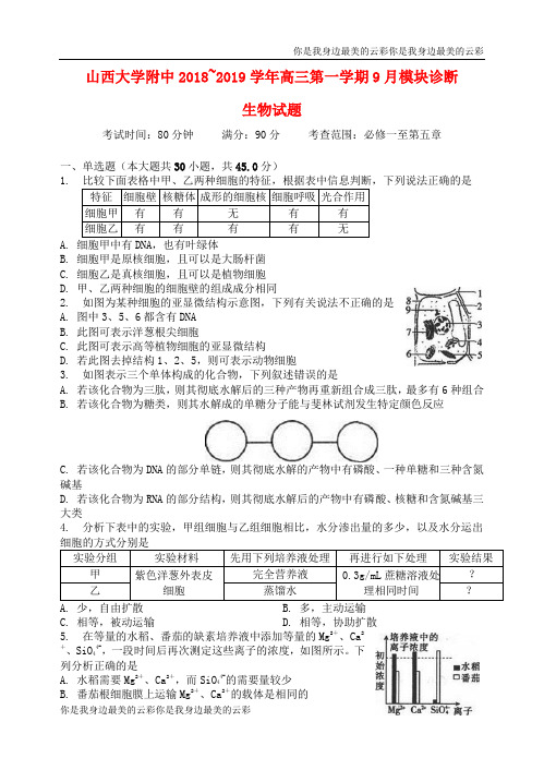 山西省山西大学附属中学高三生物上学期月模块诊断试题