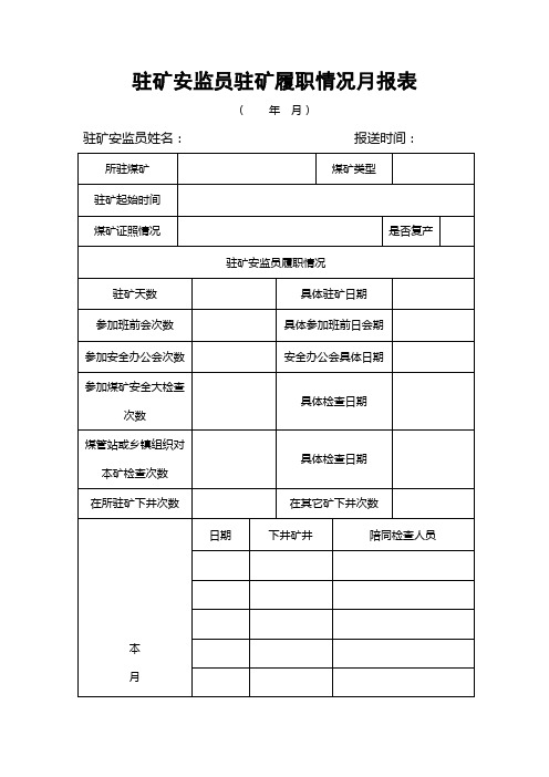 驻矿安监员驻矿履职情况月报表