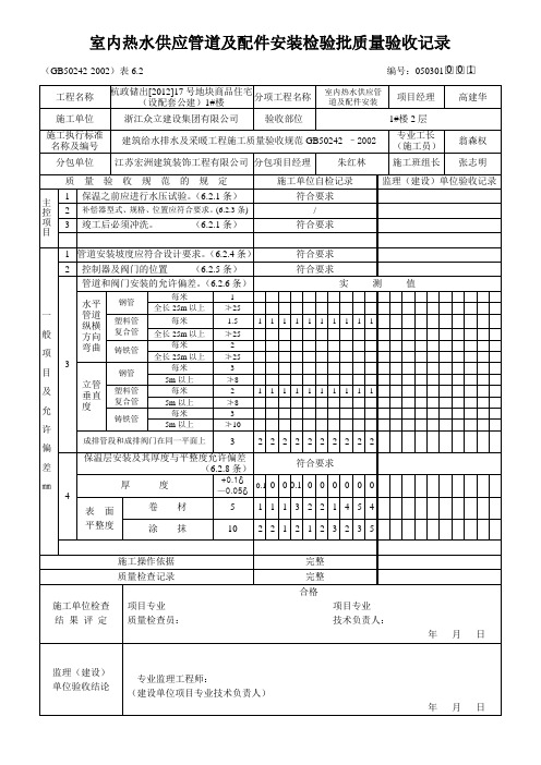 室内热水供应管道及配件安装检验批质量验收记录要点