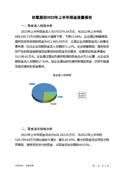 002430杭氧股份2023年上半年现金流量报告