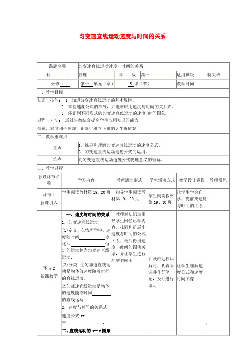 四川省宜宾市一中2017-2018学年高一物理上学期第一章 第3周 匀变速直线运动速度与时间的关系教学设计