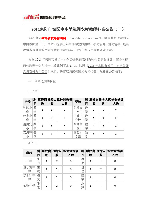 2014耒阳市城区中小学选调农村教师补充公告(一)