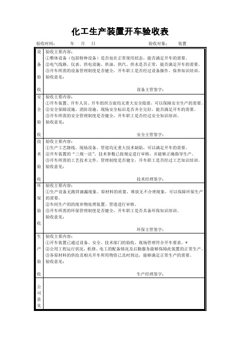 化工生产装置开车验收表