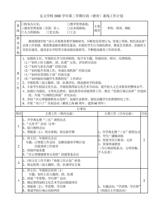 弘文学校2008学年第二学期行政(德育)条线工作计划
