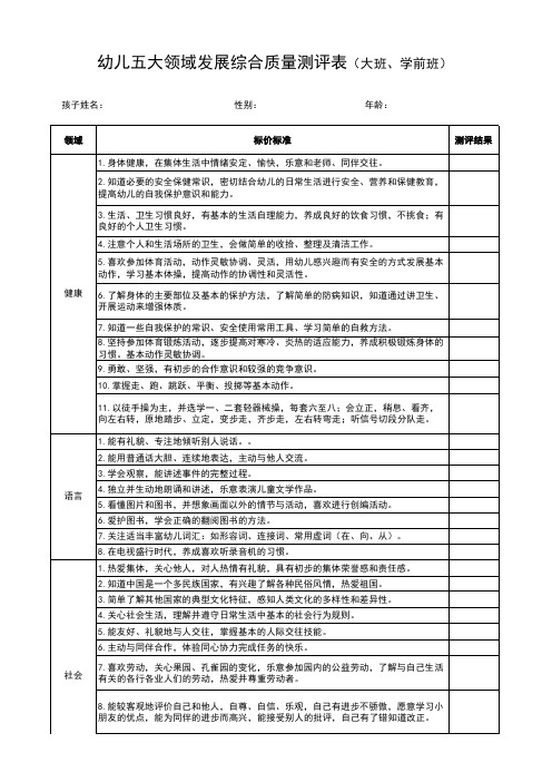 幼儿园五大领域评价表