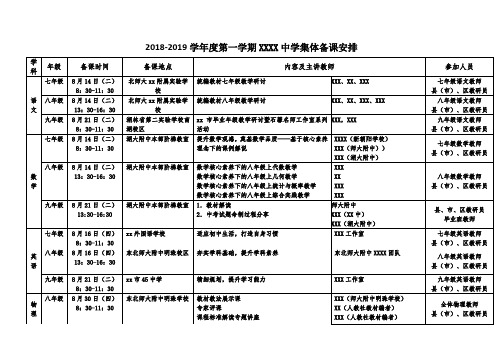 2018-2019学年度第一学期初中集体备课安排表