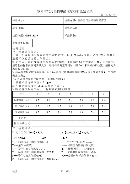 室内空气污染物甲醛浓度检验原始记录表格