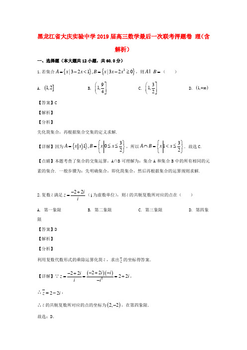 黑龙江省大庆实验中学2019届高三数学最后一次联考押题卷理(含解析)