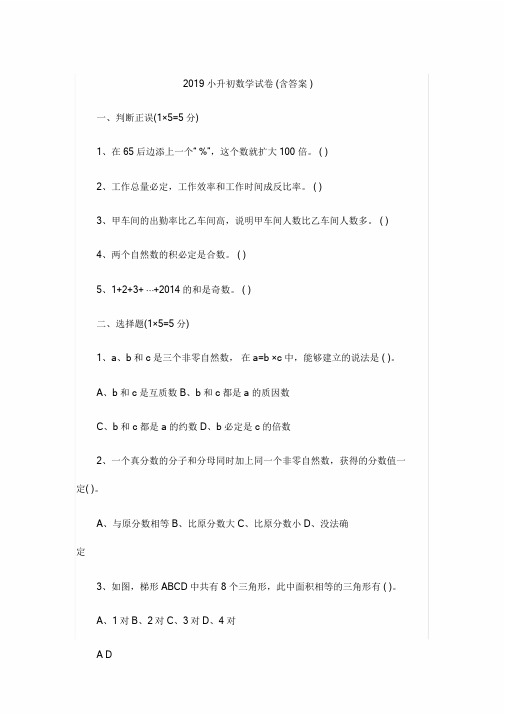 (word完整版)2019小升初数学试卷