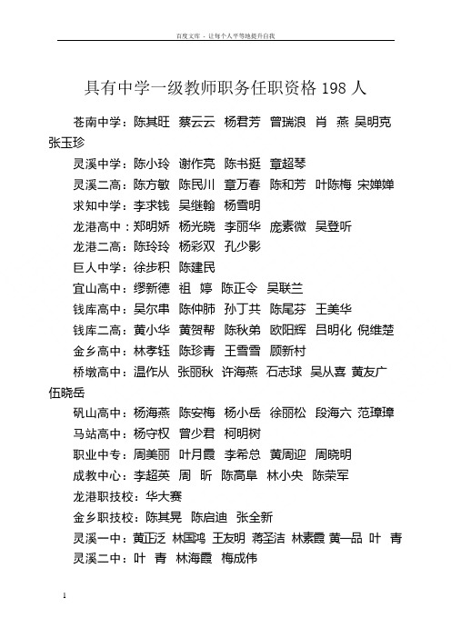 具有中学一级教师职务任职资格198人