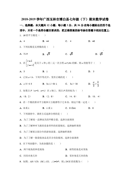 广西玉林市博白县2018-2019学年度七年级(下)期末数学试卷(含解析)