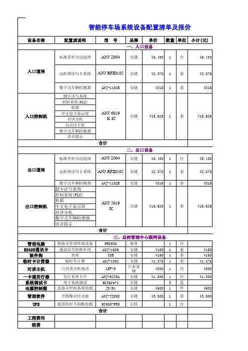 智能停车场系统设备配置清单及报价