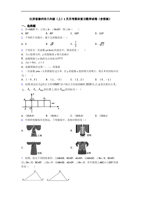 江苏省泰州市八年级(上)1月月考期末复习数学试卷(含答案)