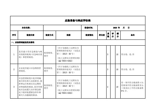 安全生产分级分类监管实施方案评估表——应急准备与响应评估表