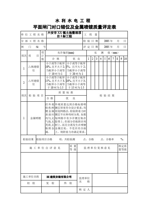 平面闸门对口错位及金属喷镀质量评定表