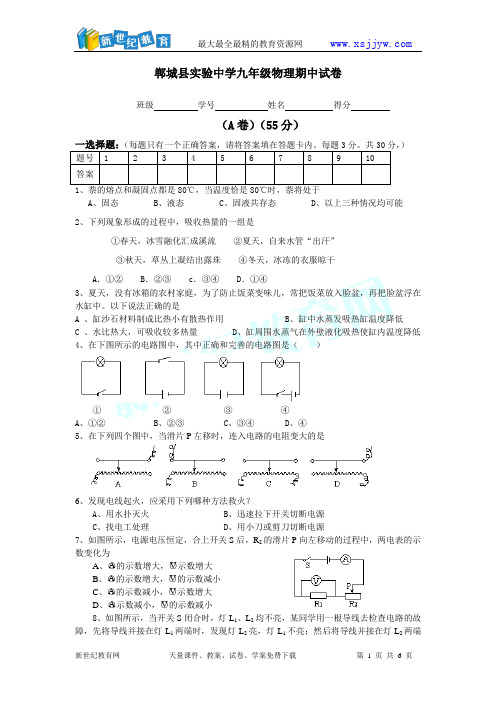 郸城县实验中学九年级物理第一学期期中试题