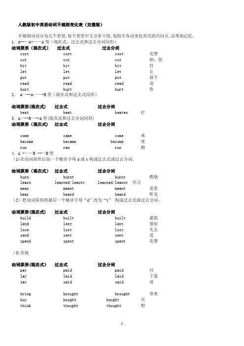 人教版初中英语动词不规则变化表(完整版)