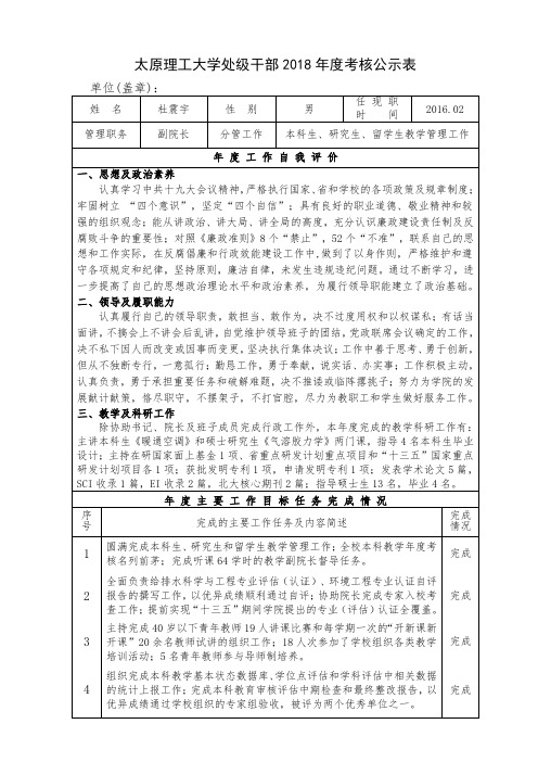 太原理工大学处级干部2018年度考核公示表