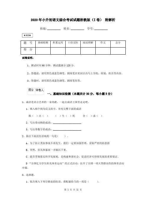 2020年小升初语文综合考试试题浙教版(I卷) 附解析