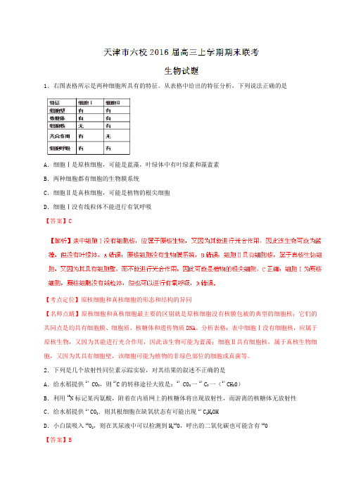 【全国百强校】天津市六校2016届高三上学期期末联考生物试题解析(解析版)