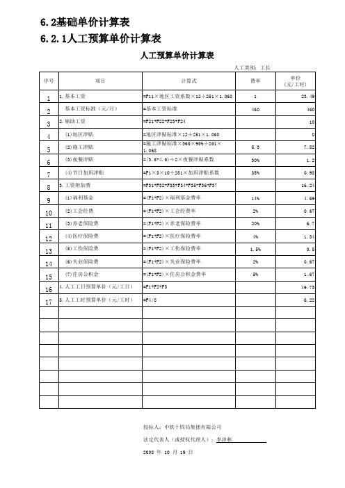 6.2.1人工单价计算表