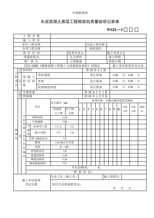 水泥混凝土面层工程检验批质量验收记录表