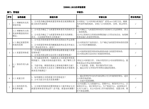 ISO9001： 2015各部门内审检查表含完整审核记录