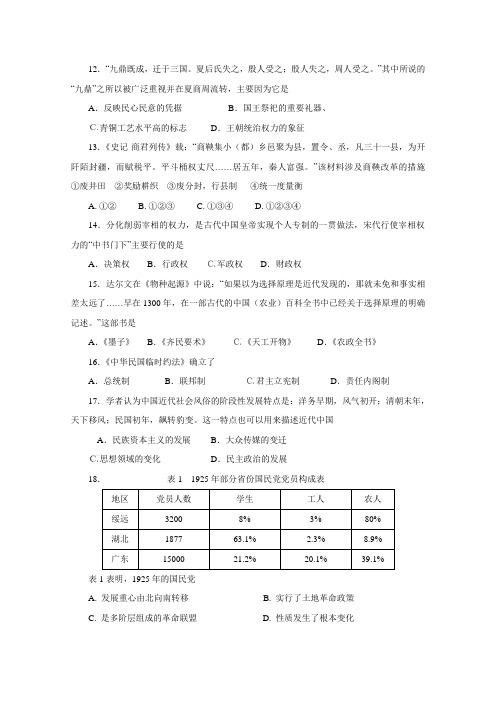 河南省郑州四中2010年高考全真预测押题卷(文综历史部分)