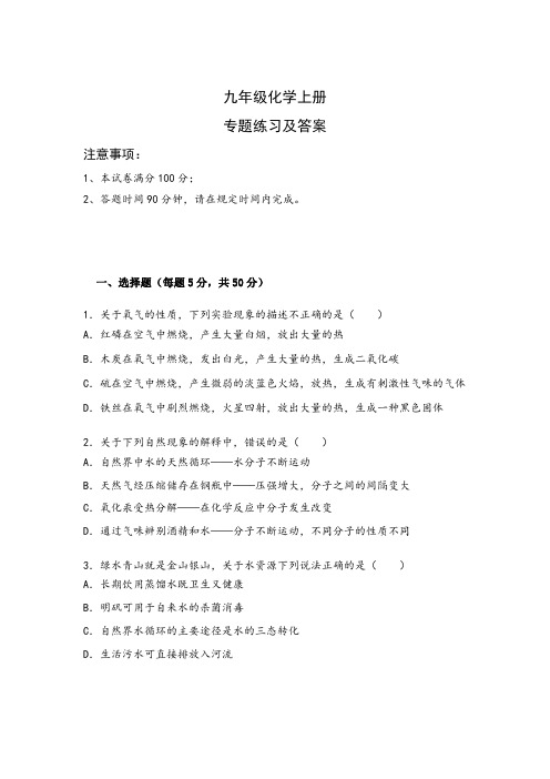 九年级化学上册专题练习及答案