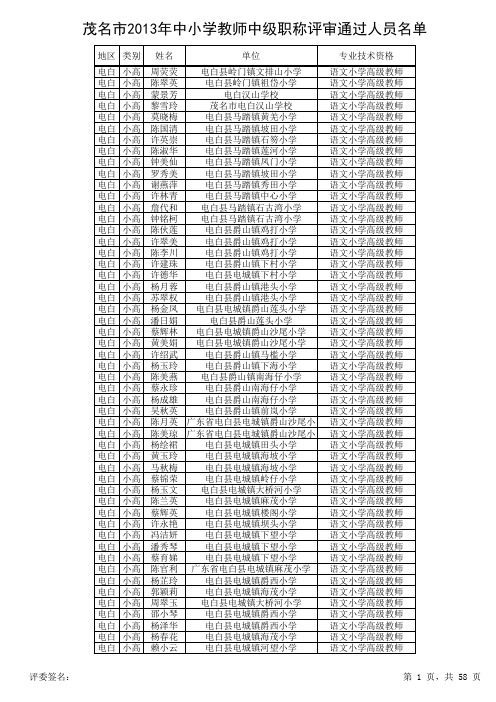 2013茂名教师中一通过名单
