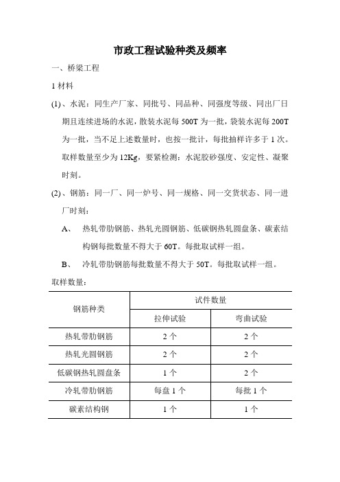 市政工程试验种类及频率