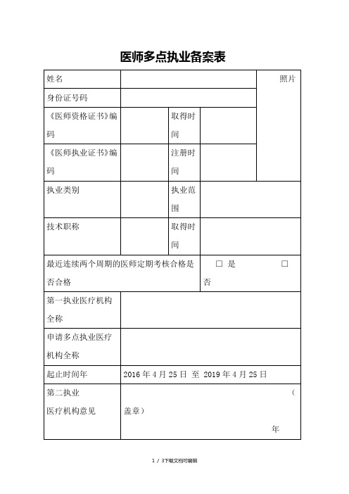 医师多点执业备案表