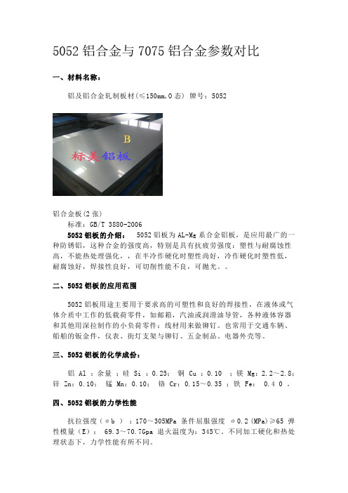 5052铝合金与7075铝合金参数对比